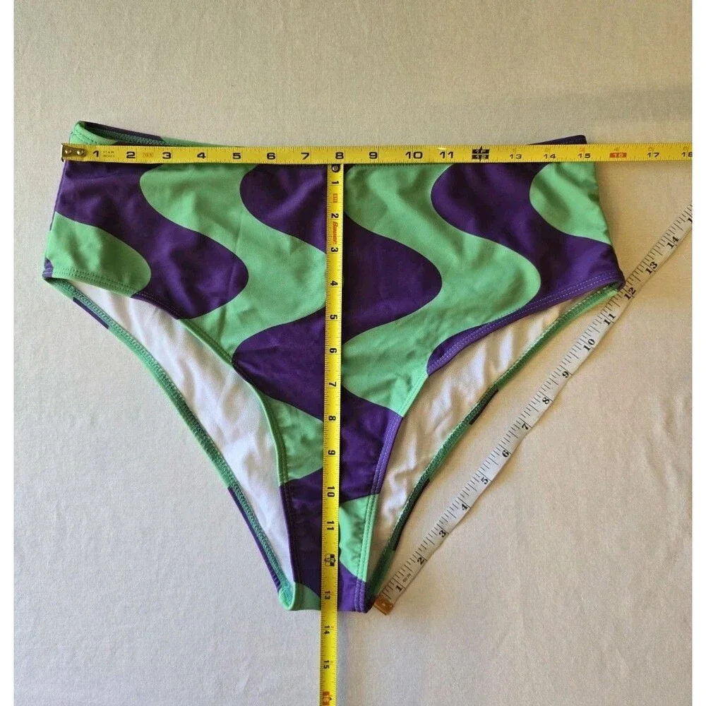 Plus Bikini Set 1XL Green & Purple Wavy Swirl High Waisted 2-Piece Coastal NWOT